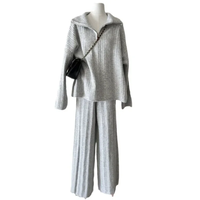 Повседневный вязаный свитер в ленивом стиле, комплект из двух предметов на осень и зиму, высококачественный новый стильный комплект с широкими брюками для женщин