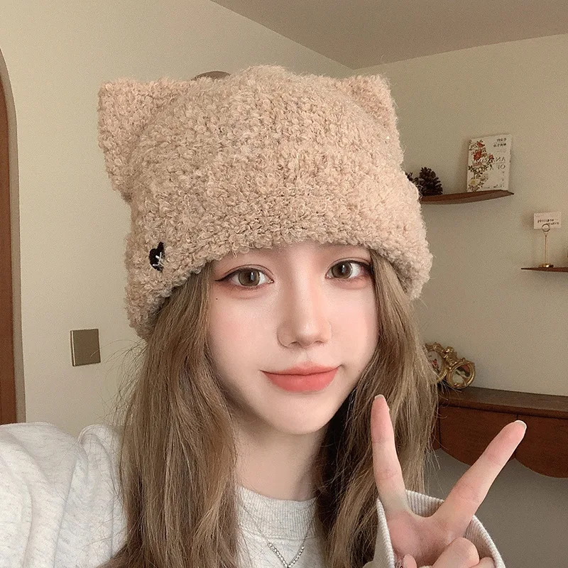 1 piece of women's autumn and winter knitted hat, winter heart-shaped cat-ear woolen hat