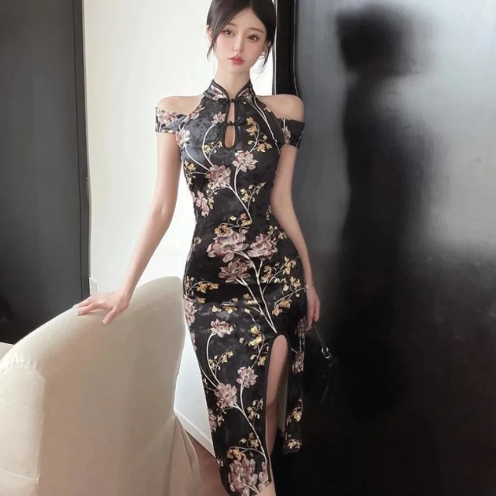 Chinese Verbeterde Cheongsam Licht Off Schouder Ontwerp Heuptas Hip Strakke Jurk Vrouwen Vrouwen Nieuwe Retro Chinoiserie Hoge Gevoel