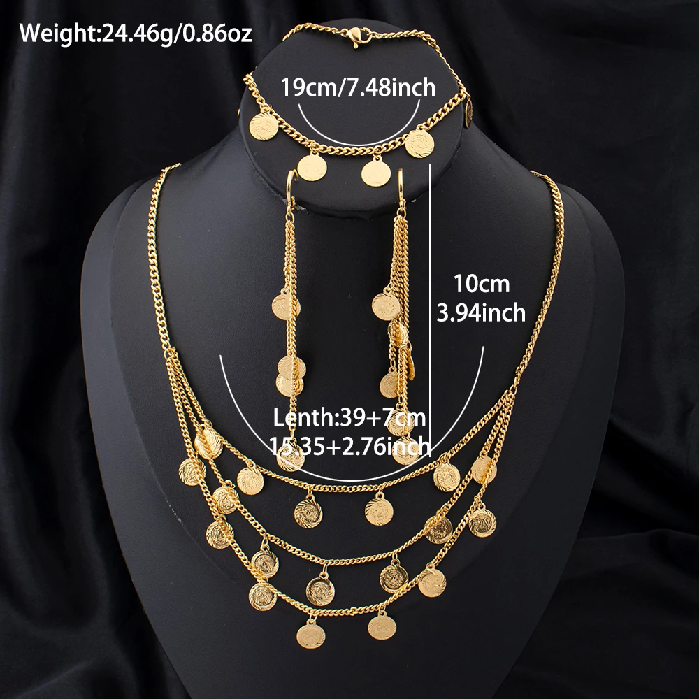 18k Gold Plated Round Pendant Necklace Drop Earrings Bracelet 3pcs Set Fashion Women's Daily Jewelry Opera Festival Gifts