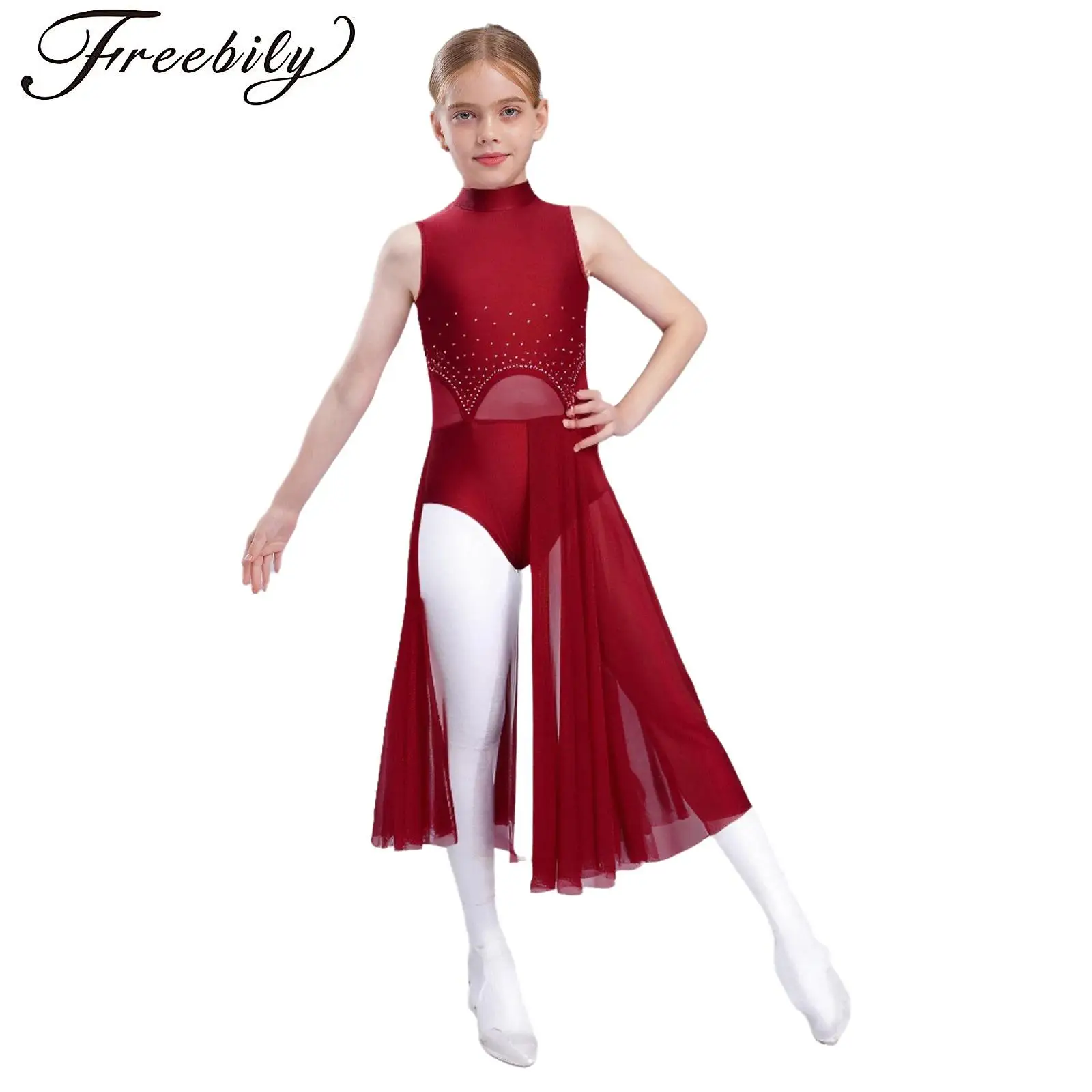 

Girls Shiny Rhinestones Split Dresses Lyrical Dance Bodysuit Keyhole Back Sheer Mesh Dress Stage Performance Jumpsuit Costume