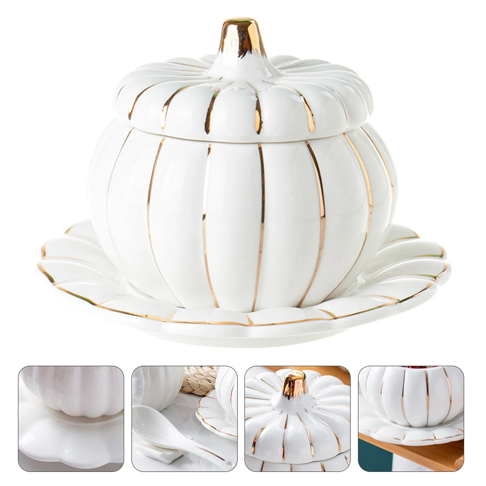 

1 Set Pumpkin Shape Ceramic Soup Pumpkin Bowl Double Kitchen Ceramic Plate with Lid White Tableware Fruit Salad Pumpkin Bowl