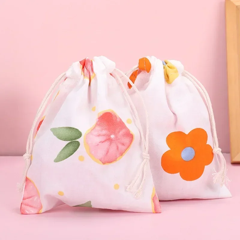 Fruit Print Drawstring Storage Bag Change Coin Lipstick Headphone Pouch Mini Cute Candy Jewelry Pocket Organizer Cosmetic Bags