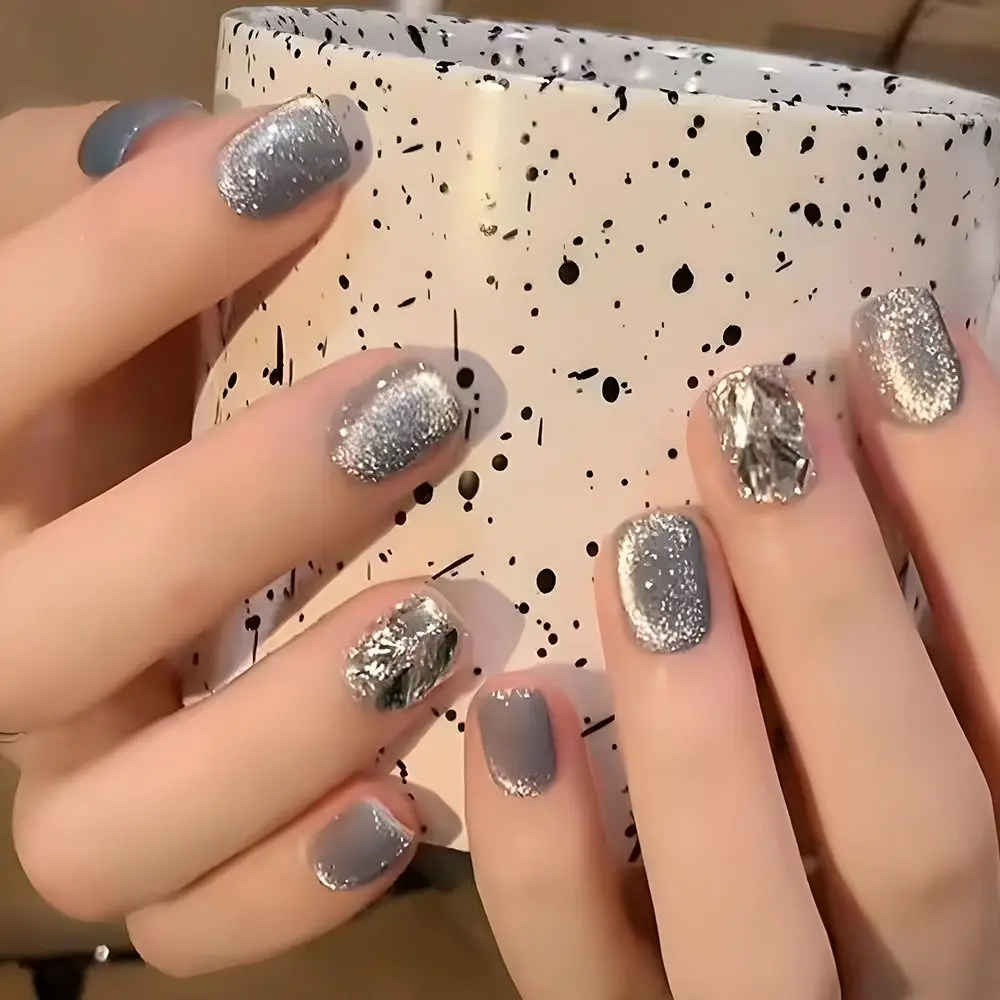 أظافر صناعية طويلة مربعة باليرينا ، لمعان ، عين قطة ، أسود وأبيض ، أظافر مزيفة قابلة للفصل ، أطراف أظافر تصنعها بنفسك ، موضة فرنسية ، 24 * *