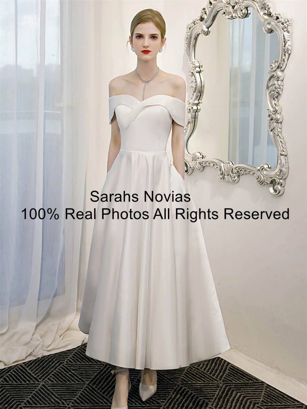 Ankle Length A-line Satin Short Wedding Dresses With Pockets Off the Shoulder Women Summer Informal Reception Dress