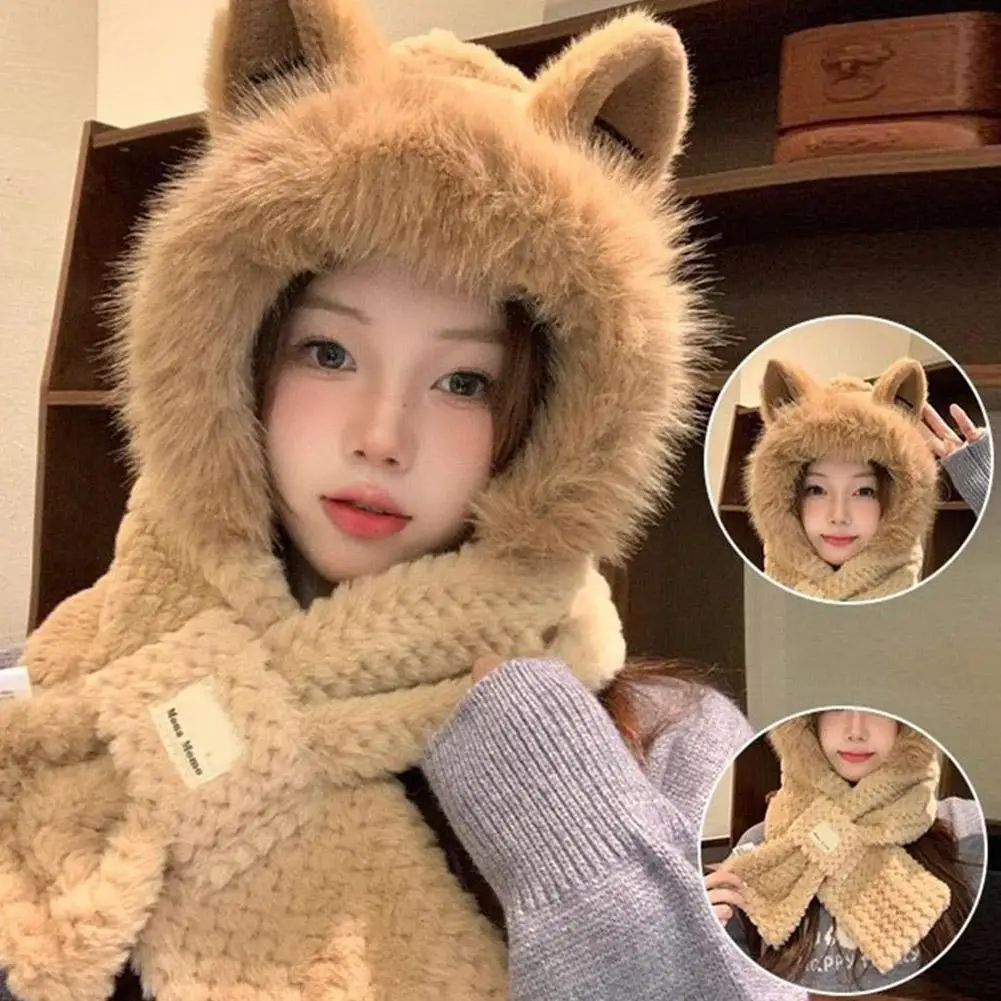 Little Bear Hat Scarf One Piece Thickened Warm Ear Cycling Women's Versatile Winter Hat Cute Warm U0f3