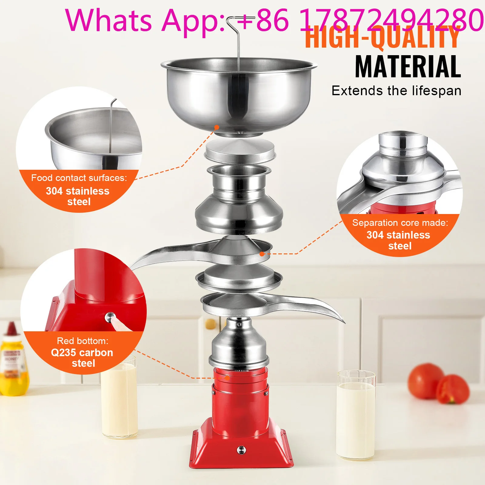 304 Stainless Steel Electric Cream Separators 100L/H Output 10500RPM Goat Milk Separator 30W  5L Bowl Capacity