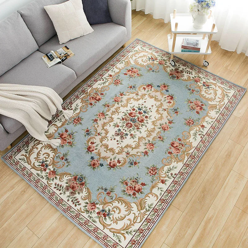 Living Room Carpet Large Vintage European Persian Woven Carpet Blue Rose Rug Bedroom Carpet 230x160cm Home Sofa Table Floor Mat