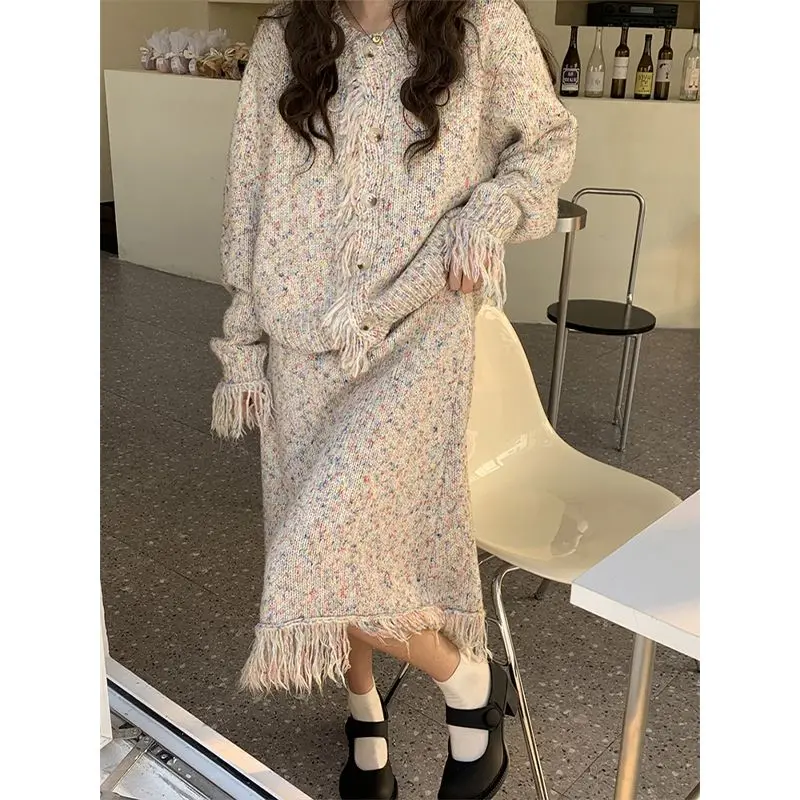 شرابة محبوك سترة تنورة دعوى الشارع قوس قزح الألوان المتناقضة الراقية سترة قطعتين مجموعة