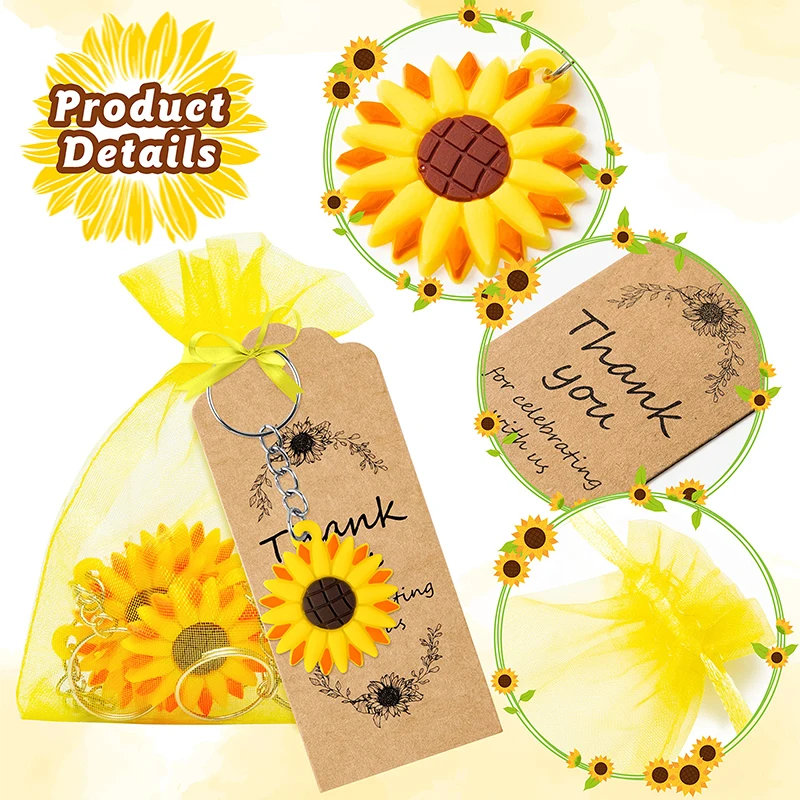 100Sets Sunflower Party Gift Set Sunflower Keychain Organza Bag Thanks Brown Paper Label For Party Supplies School Reward