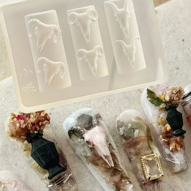 Transparent Nail Art Silicone Mold Sheep Head Design with Mini Flowers 3D Carving for Nail Decoration Skeleton Horns Theme