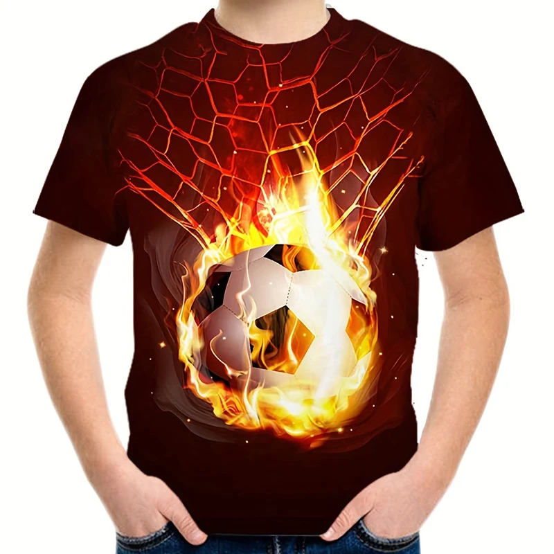 2024 New Soccer Flame 3D Print Boy T-shirt Casual Short Sleeve Street Football Sports Tshirts for Boys Girls Tops Chico Camiseta