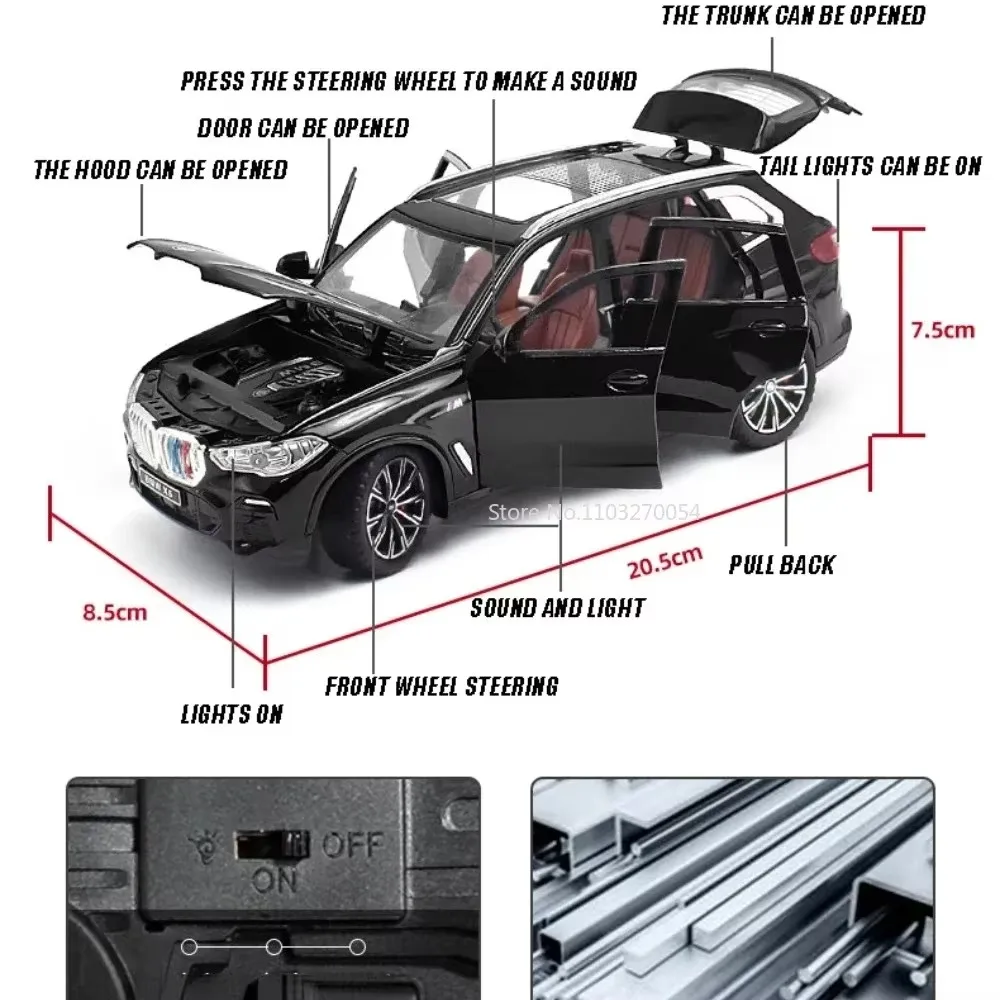 รถของเล่นโมเดล XM X5 ขนาด 1/24 ผลิตจากโลหะผสม ดีไซน์แบบไดแคสต์ เปิดประตูได้ 6 บาน หลังคาแบบ Starry Sky ยางกันกระแทก มีเสียงและไฟ  แบบดึงหลัง ของเล่นเด็ก