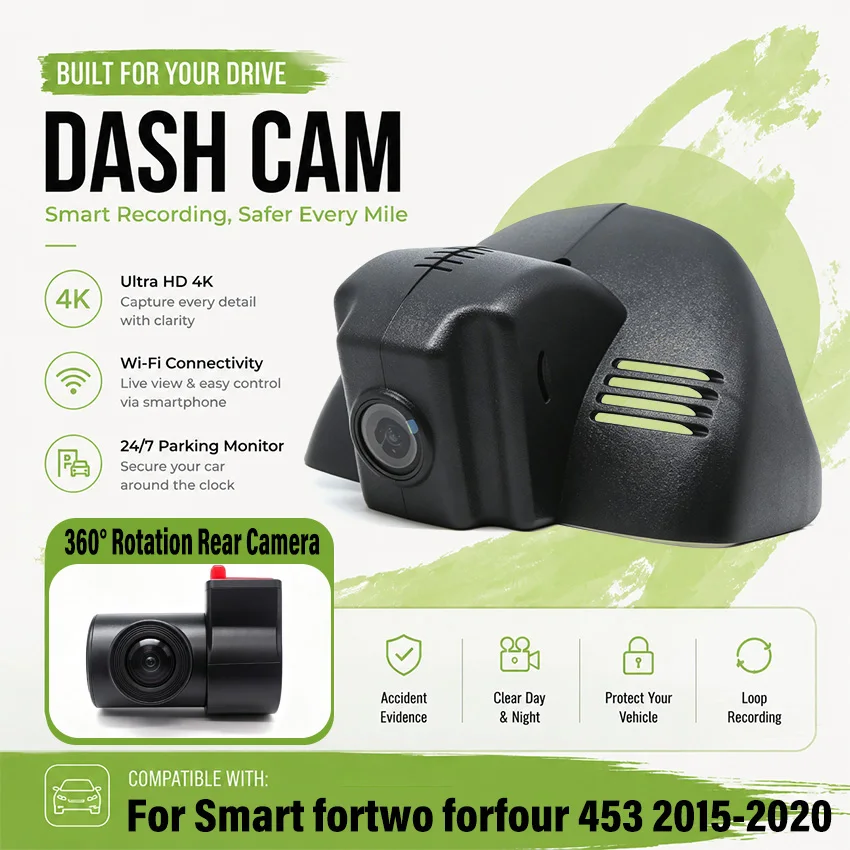 Dedicated DashCam for Mercedes Benz Smart 453 for Smart Fortwo Forfour 453 2015-2020 Car DVR Plug and Play Dash Cam Wifi Camera