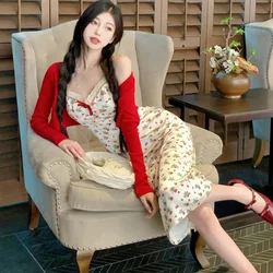 2023 Spring Elegant Bow Tie with Waistband Lace Midi Dress Office Lady Korean Retro French Vintage Stain Flower Dress Women