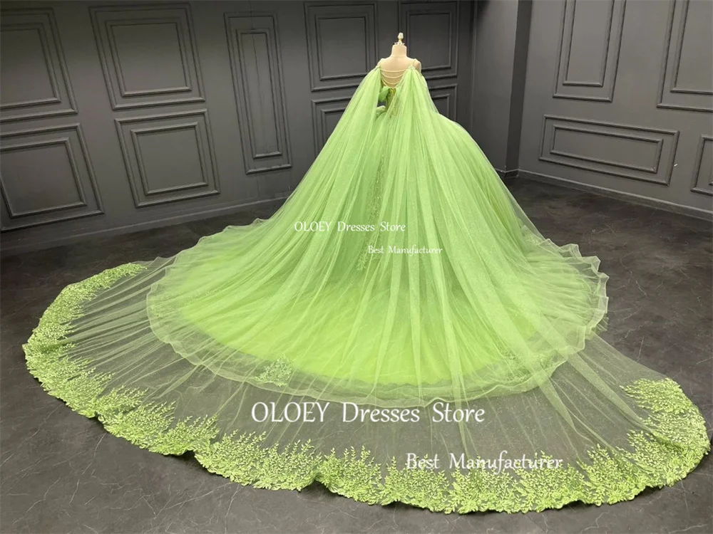 OLOEY Glitter Beads Green Quinceanera Dress Off spalla abito da sposa messico 15 18 Ball Gown Spaghetti Strap Custom Court Train