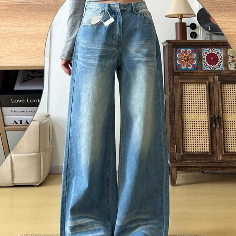 

American Style Straight Denim Pants Women Spring Summer Loose High Waist Wide Leg Trousers Lady Blue Washed Jeans S-3xl