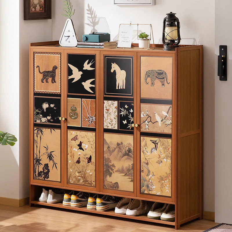 Medieval retro shoe cabinet floor-to-ceiling door integrated cabinet storage corridor household shoe rack simple multi-layer