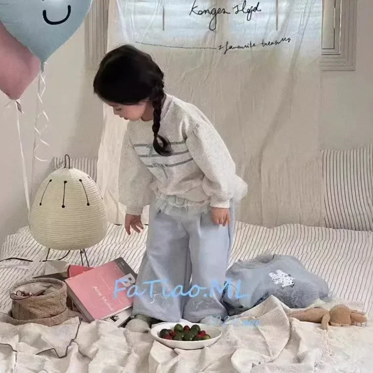 Girls Set 2024 Autumn New Collection Korean Cute  Baby Girl Casual Hoodie Two Piece Set Lace and Lace Pants