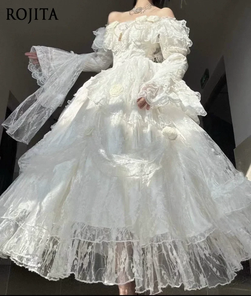 

Elegant Lace White Wedding Dress Summer New Sweet Elegant Fairy Banquet Birthday Princess Dresses Women Lolita Fluffy Maxi Dress