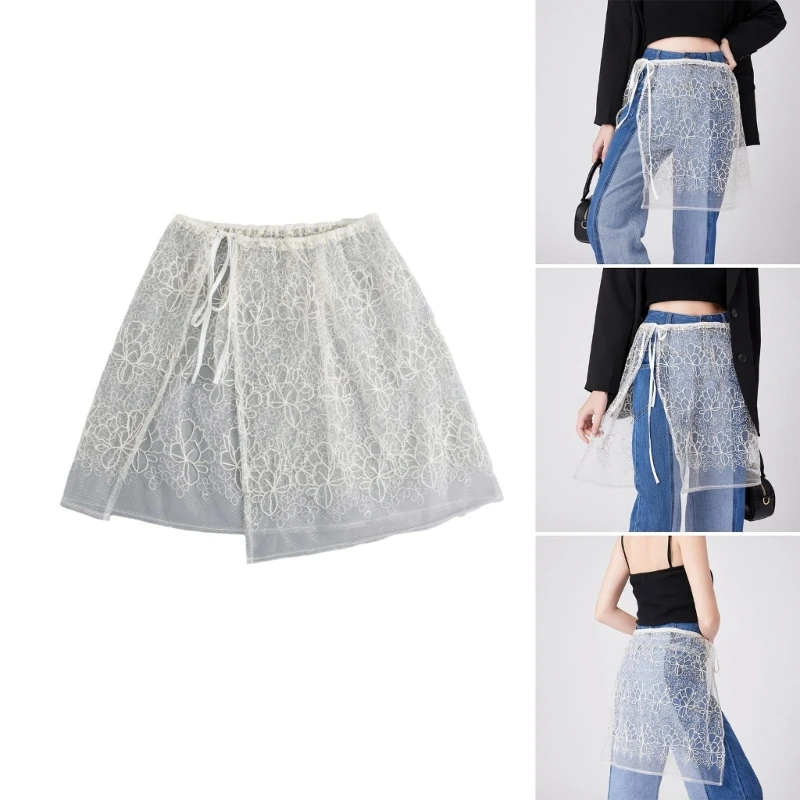 

Women Korean See Through Layering Half Skirt Hip Scarf Vintage Flower Lace Hip Covering Lace Up Bandage Bows Apron Wrap Skirt