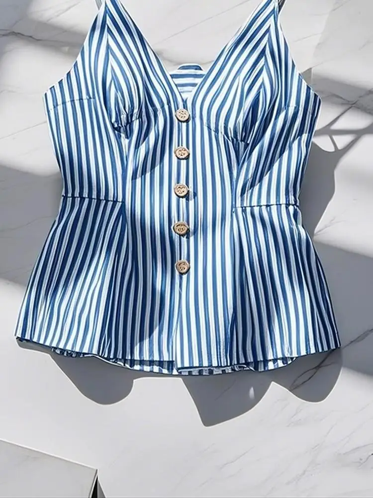 French Elegant Fashion Striped Tank Top Women's Summer Blue White Button-Up Sleeveless Sexy Shirt Female Casual Chic Slim Blouse
