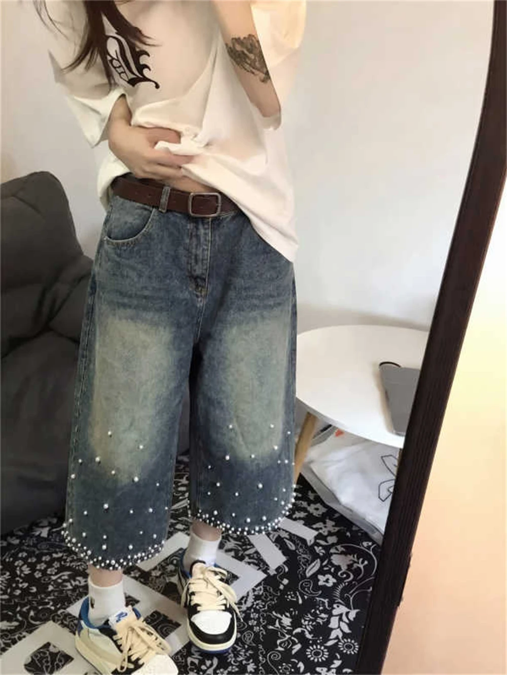 

Summer Women American Retro Denim Shorts Blue Pearl Design Y2K 2000s Japanese Punk Harajuku High Street Calf-Length Jean Pants