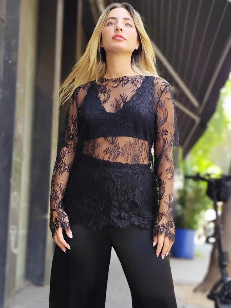 Trendix Lace Sheer Long Sleeve Blouse For Women Summer O Neck Loose Pullover Tops Party Sexy Vacation Beach Hollow Out Top 2026