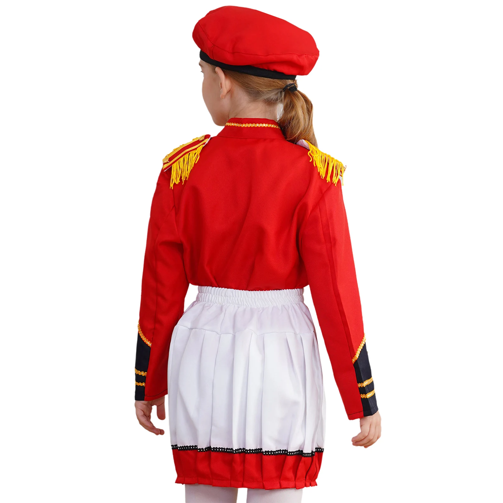 Girls Halloween Carnival Marching Band Uniform Drum Major Trumpet Brass Team Honor Guard Flag Raising Outfit Tops with Skirt Cap