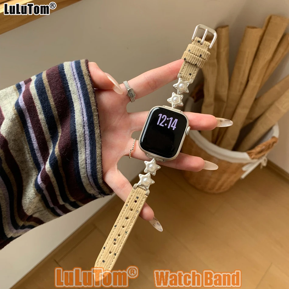 

Роскошные вельветовые ремешки с жемчугом для Apple Iwatch серии 11, 10, 9, 8, 7, 6, 5, 4 3 SE Ultra Watch Band 38 40 41 42 44 45 46 49 мм Браслет