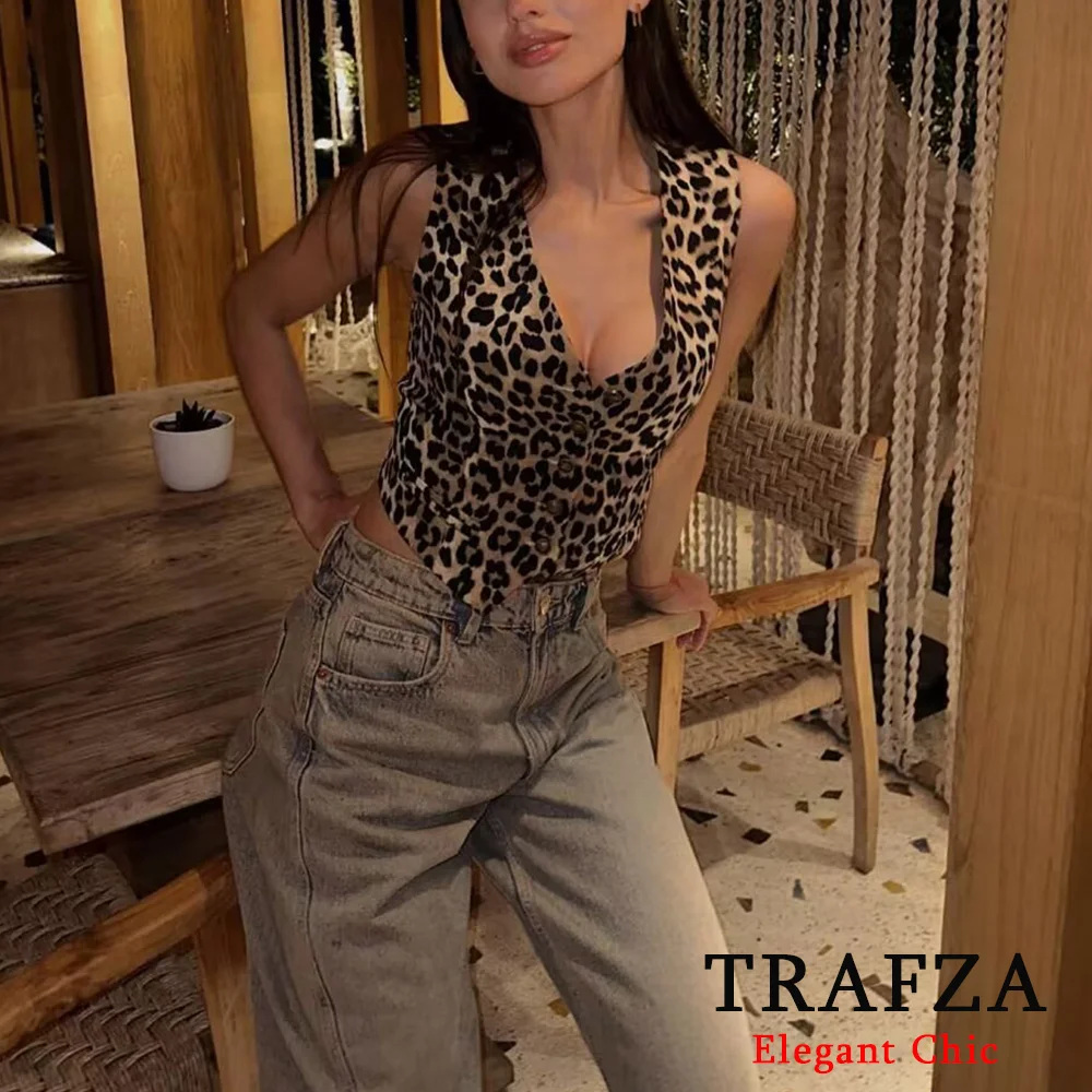 TRAFZA Fashion 2024 Autumn Leopard Print Women Vest Button Vest Tops Casual Office Date Y2K Communter Party High Street Vest