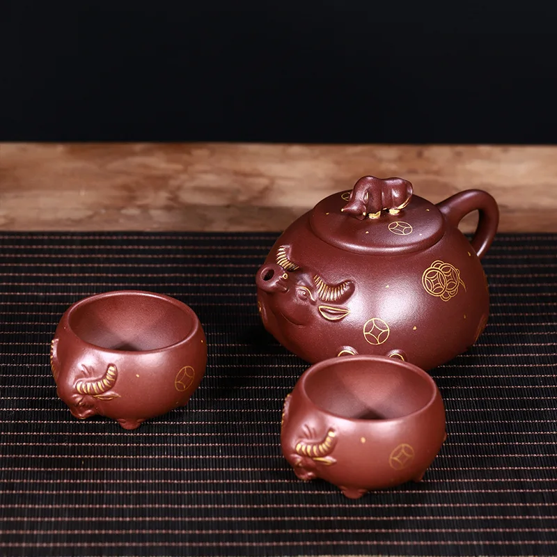 Drop-Shipping Handmade Yixing Pure Purple Clay Teapot With Gold Detailing Luxurious And Elegant Set High-End Tea Set