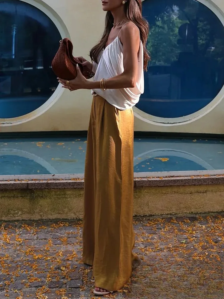 KONDALA عادية شيك الأصفر الساتان النساء الدعاوى الخامس الرقبة أزرار سترة عالية الخصر بنطال ذو قصة أرجل واسعة موضة 2025 الصيف عطلة الدعاوى