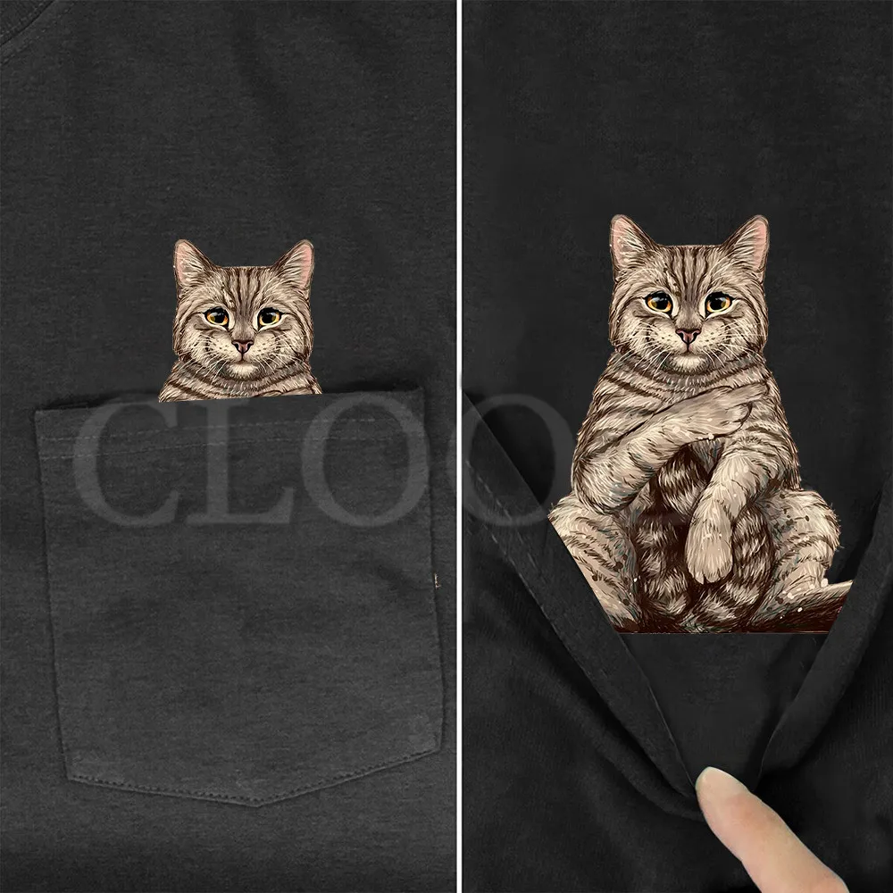 CLOOCL Funny Cats Cotton T-shirts Cartoon Tabby Kitten Double Middle Finger  Pockets Short Sleeve Shirts Mens For Women Clothing