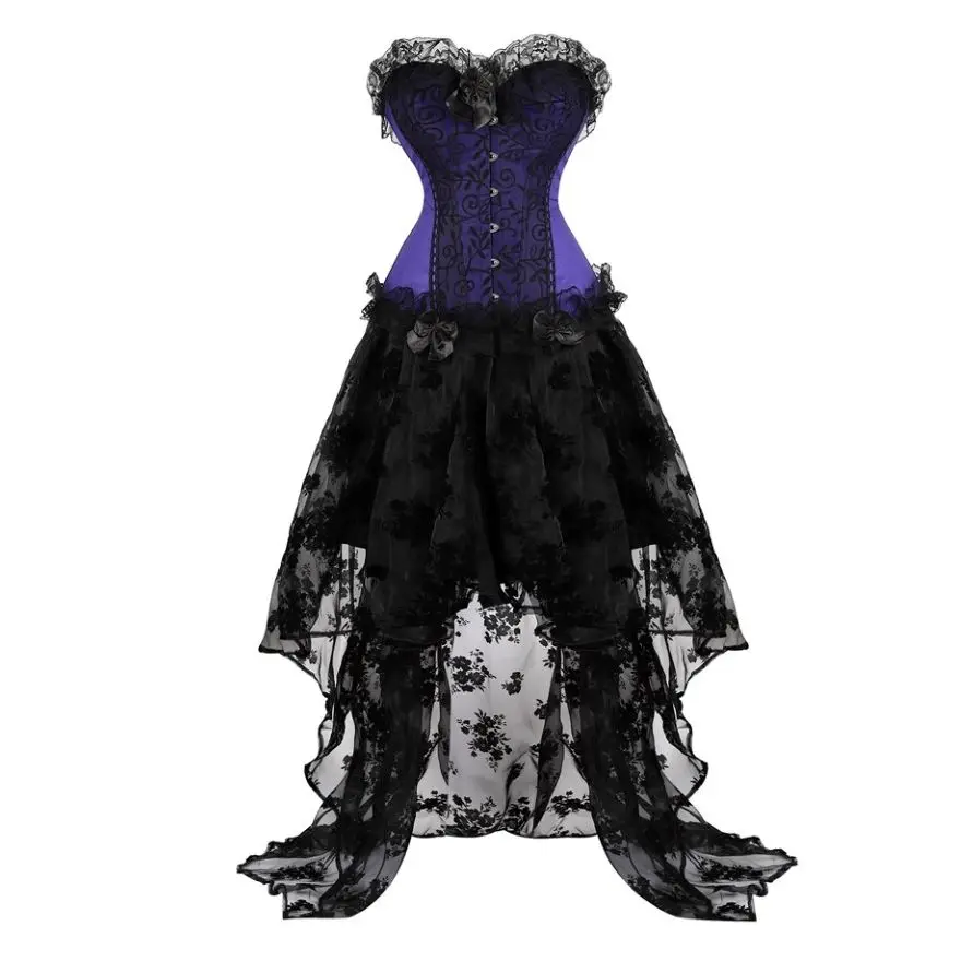 Floral Overbust Corset Bustier Dress For Women Tulle Long Skirt Plus Size Gothic Burlesque Exotic Corsets Sexy Vintage Costume