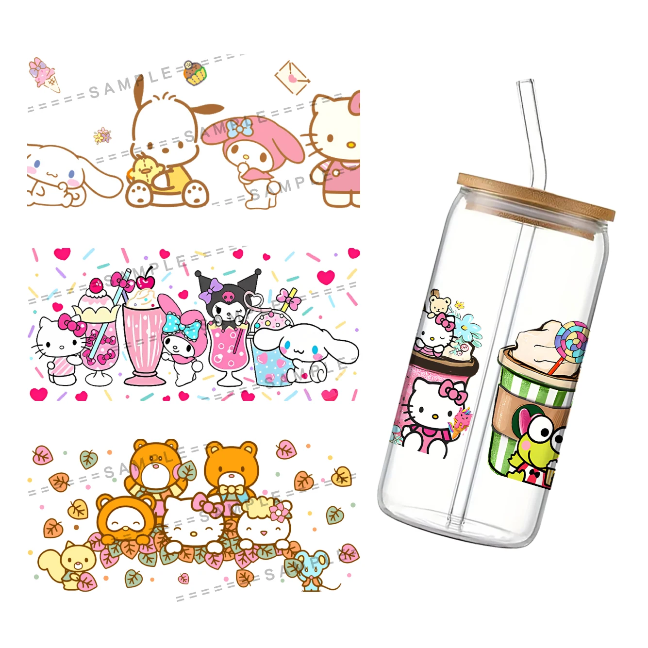 Sticker UV DTF Transfer Sanrio Cute Characters For 16oz Wrap GLASS Cups High Temperature Resistance DIY Waterproof Custom Decals