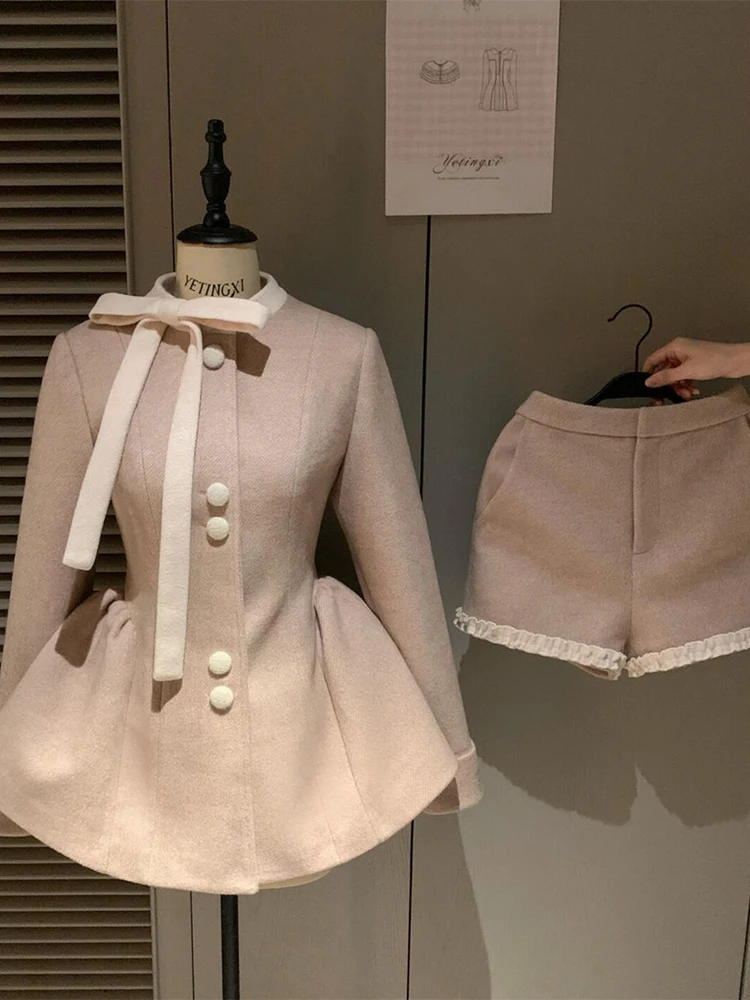 

Женские элегантные комплекты из двух предметов, винтажные шерстяные пальто с милым бантом и воротником-стойкой на пуговицах, осень-зима, тонкие новые шорты с высокой талией в консервативном стиле