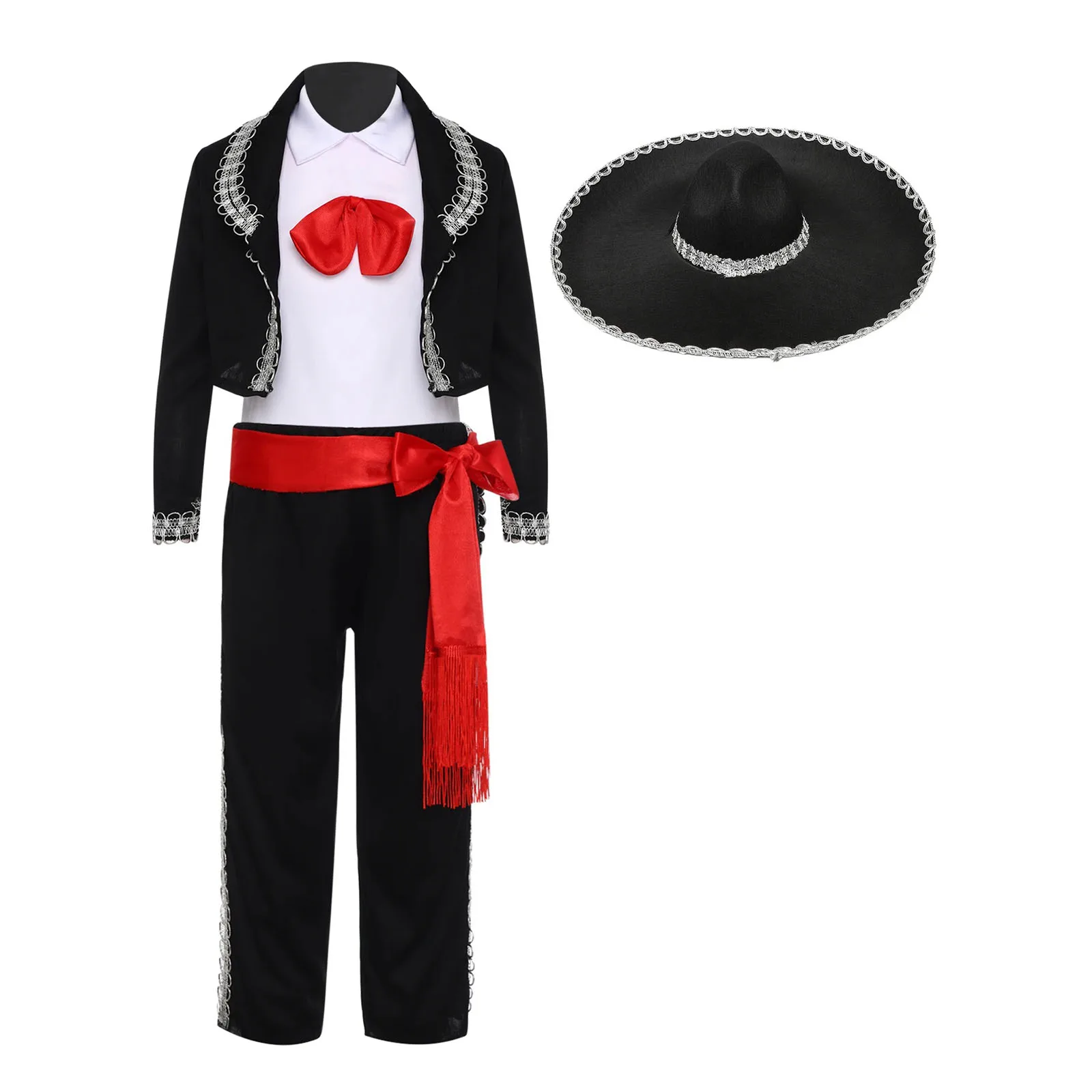 

Unisex Girls Boys Mariachi Dress Up Mexican Performance Costume Halloween Mexican Cosplay Vest Pants Jacket Waistband +Hat Suits