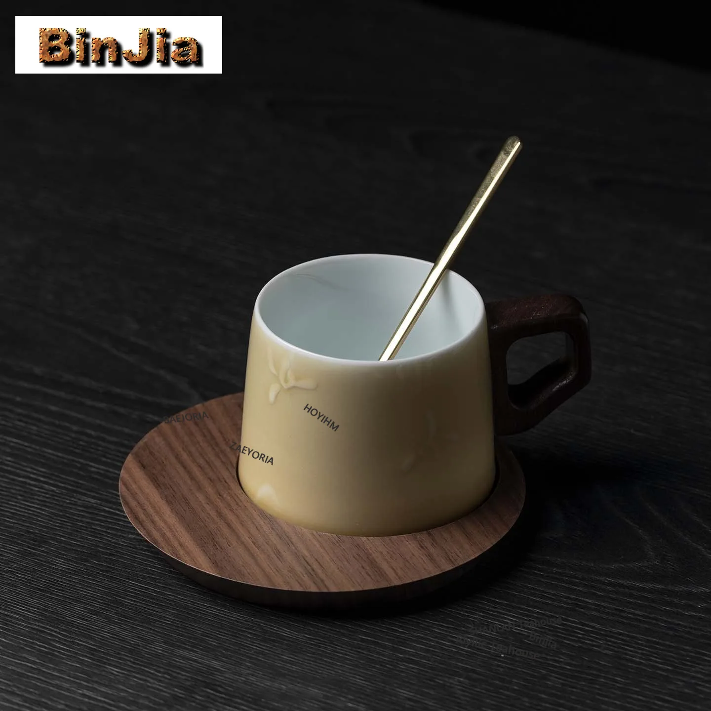 BAEJORIA 200ml Apricot Yellow Handmade Stacked Orchids Coffee Mug With Plate Kitchen Cup Afternoon Tea Mug Cup Saucer Kit Gifts