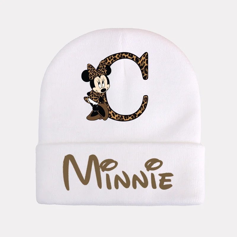 Disney-gorros de punto con letras en inglés de Minnie Mouse para niños, gorros cálidos de Anime de dibujos animados, regalo de cumpleaños, otoño e invierno, A-Z, 26