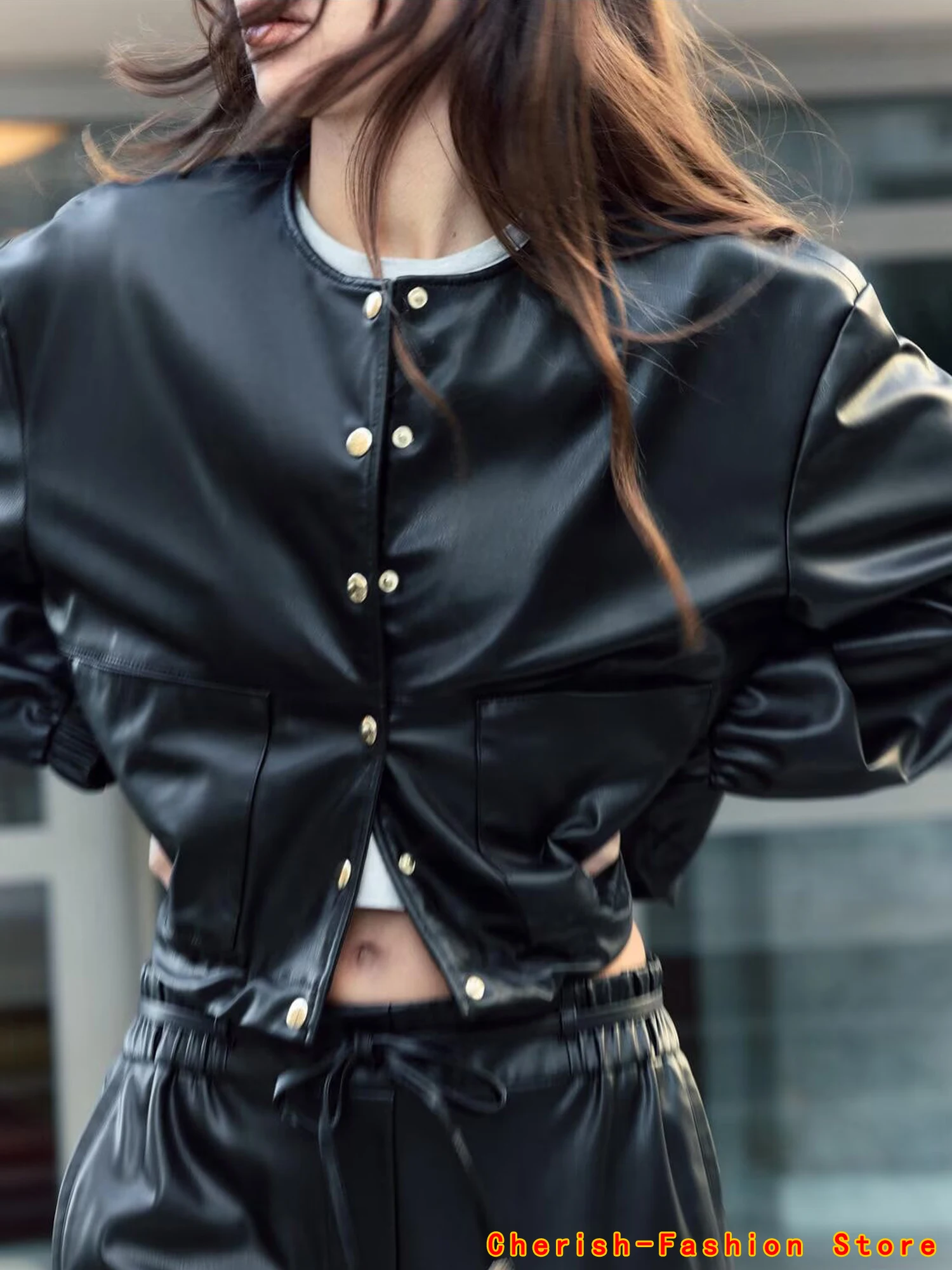 

Lady Long Sleeves Faux Leather Outwear Spring Female Leisure Black PU Leather Jacket 2025 Women Fashion Round Neck Leather Coat