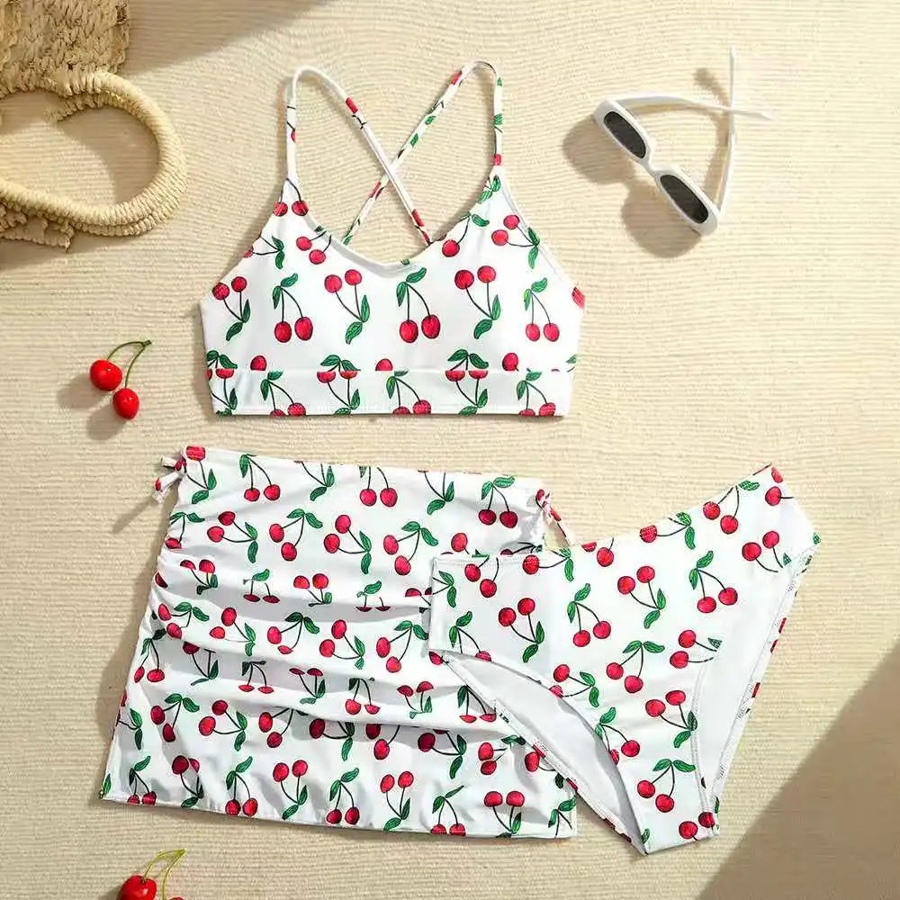 

2026 Strappy Girls Swimsuit 3 Pieces Bikinis Cherry Kids Swimwear Female Children's Bathers Bathing Swimming Swim Suit 8-14Y