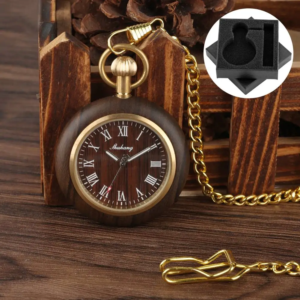 الرجعية أنيق خشب الأبنوس ساعة جيب كوارتز الأرقام الرومانية الهاتفي الذهب جيب سلسلة قلادة ساعة الجيب وجه مفتوح ساعة هدية #1
