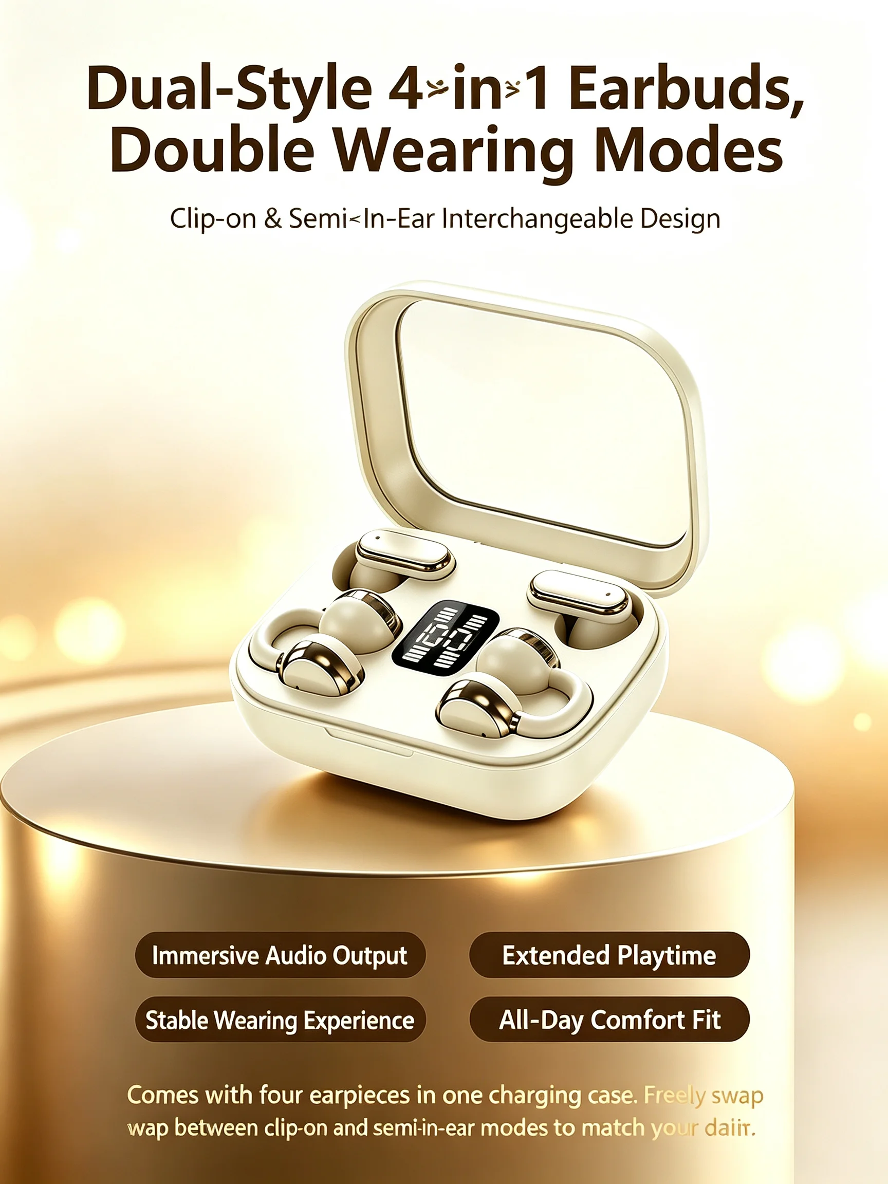 LGOODVIN X87 4‑in‑1 Wireless Bluetooth Earbuds,Interchangeable Clip‑on & Semi‑In‑Ear Dual‑Wear Design,Immersive Audio,Extended P