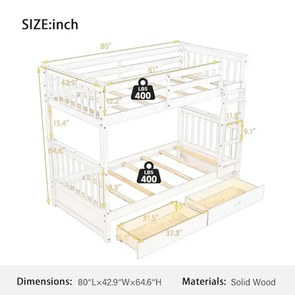 Wood Bunk Bed with Storage Drawers Twin Size Detachable Frame Full-length Guardrail No Spring Box Needed High-quality Solid Pine