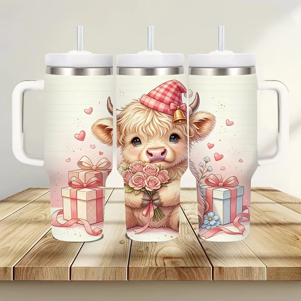 40Oz Valentine Highland for cow Printed Insulated Tumbler with Handle, Suitable for Cow Lovers, Ideal for Valentine'S Day, Fits Daily Use And Outdoor Activities, Keeps Drinks Hot Or Cold