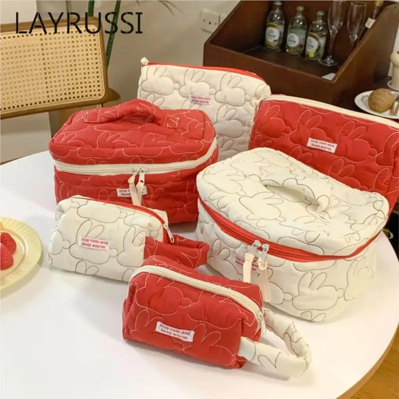 

LAYRUSSI Red And White Rabbit Makeup Bag For Women Cosmetic Bag Cute Girl Portable Large Capacity Cotton Handbag Organizer Makup