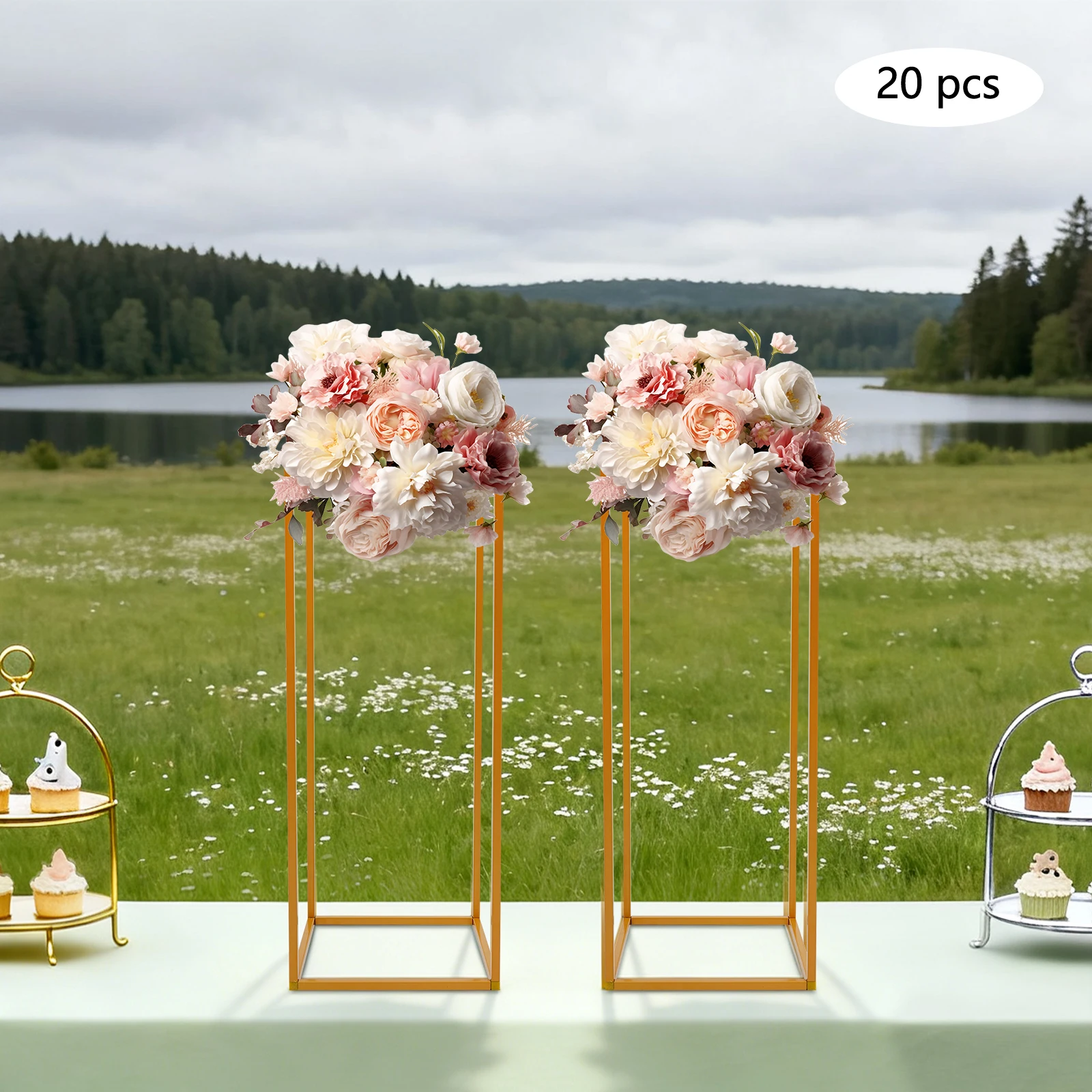 

20 Pcs Gold Wedding Flower Stands 24 x 24 x 60 cm Metal Square Centerpiece Stands Geometric Flower Vase Columns for Ceremony Aisle Reception Decor