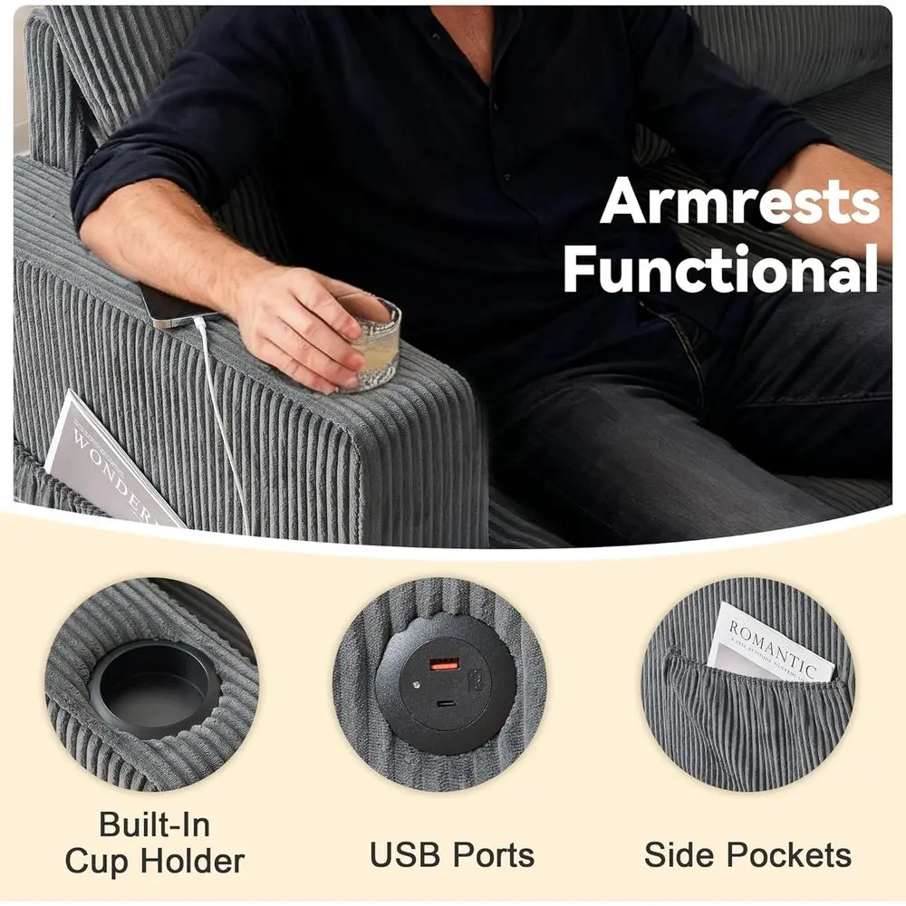 أريكة مقطعية على شكل حرف L باللون الرمادي مع مساحة تخزين وUSB، أريكة سحابية مريحة لغرفة المعيشة وغرفة النوم، تصميم وحدات حديث (3