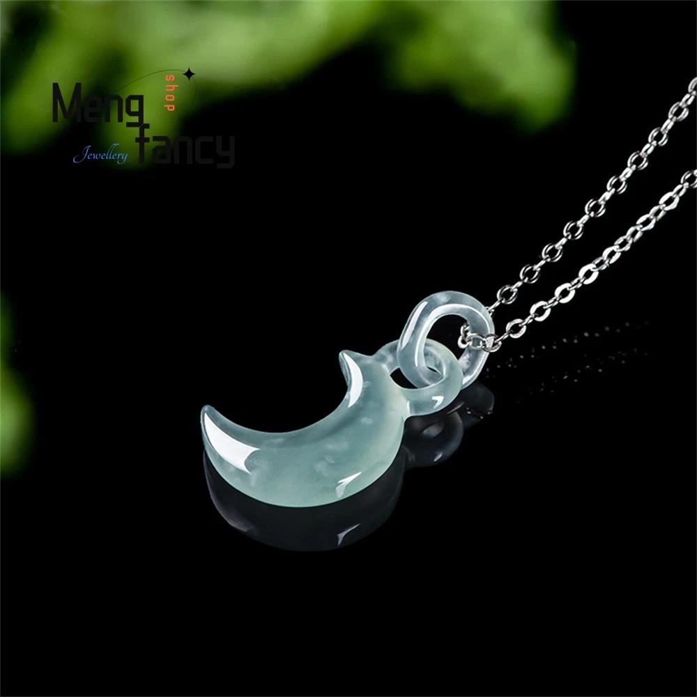 Natural A-goods Jadeite Blue Water Crescent Moon Moon Locks Ice Jade Pendant Exquisite Couple Fashion Fine Jewelry Holiday Gifts